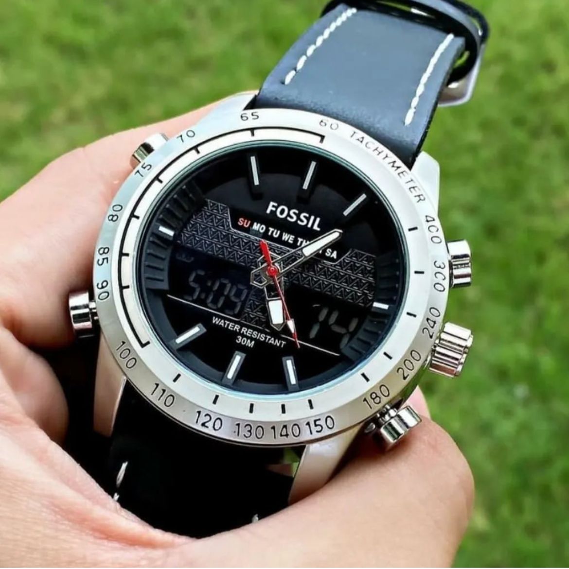 Fossil Dual Time Black Belt Silver Dial